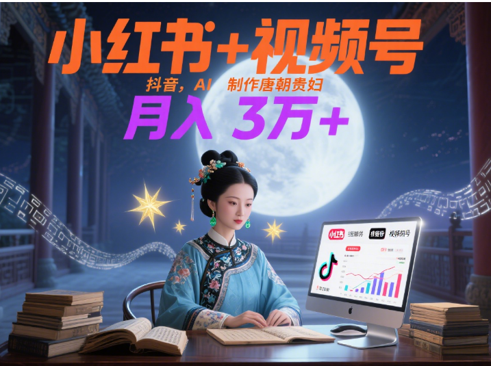 小红书+视频号+抖音，AI轻松制作唐朝贵妇IP，毒鸡汤、励志、减肥瘦身、养生赛道轻松切入，每天30分钟，轻松产出N条，月入3万+ -文三轻创资料网