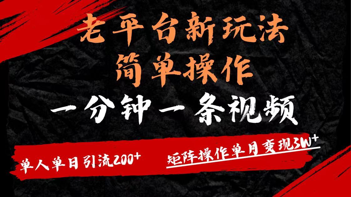 老平台，新玩法，简单操作，一分钟一条视频，单人单人引流200+矩阵操作，单月变现3W-文三轻创资料网