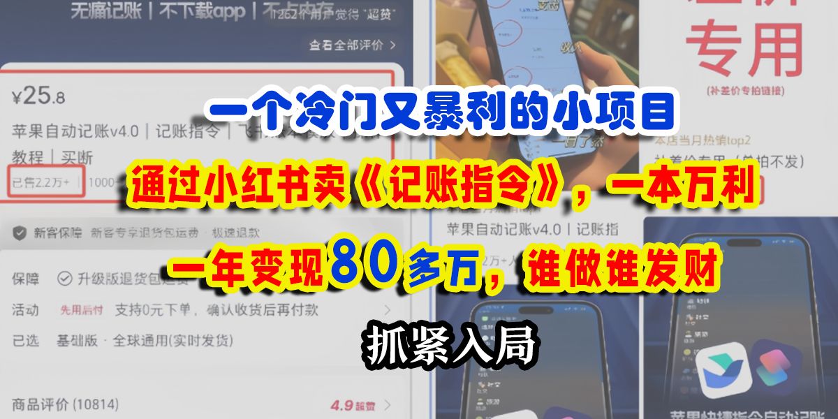 一个冷门又暴利的小项目，通过小红书卖《记账指令》，一本万利，一年变现80多万，谁做谁发财-文三轻创资料网